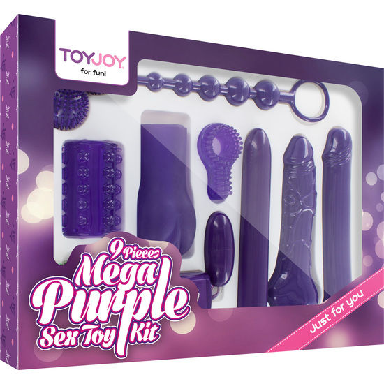 Close-up of the TOYJOY Kit de Brinquedos Sexuais Mega Roxo 9 Peças showing its variety and features.