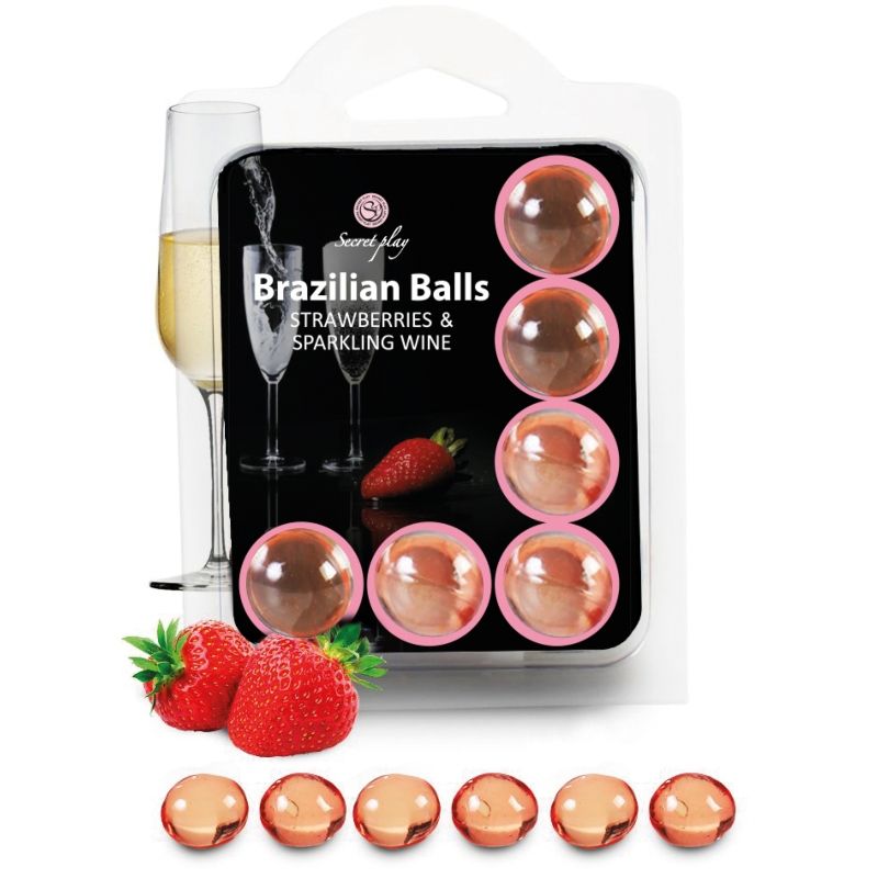 Close-up of the SECRETPLAY Conjunto 6 Bolas Brasileiras Morango com Cava Dissolúveis, showing their smooth texture and vibrant color.