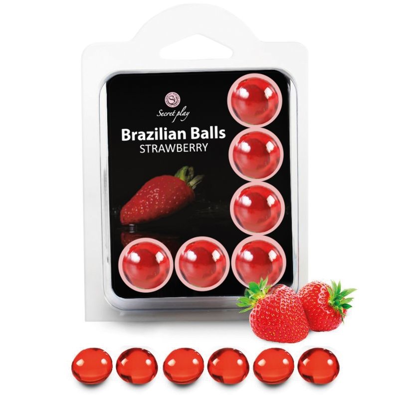 Close-up do SECRETPLAY Conjunto 6 Bolas Brasileiras Aroma Morango, mostrando a sua forma e cor.