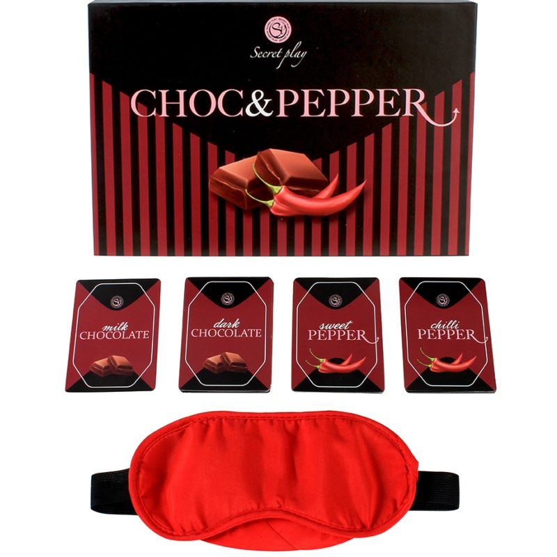 SECRETPLAY Jogo Erótico Casais Choc & Pepper com cartas e venda, design da embalagem.