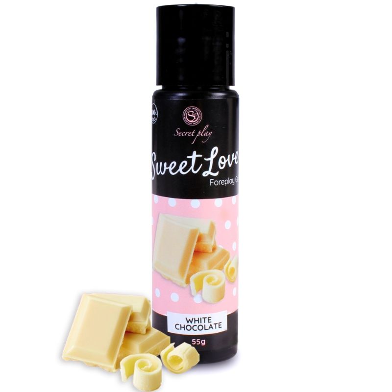 Close-up do Secretplay Gel Doce Amor Comestível Sabor Chocolate Branco 60ml, mostrando sua embalagem e textura.