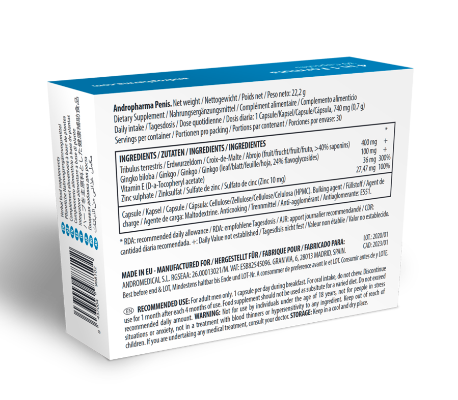 Embalagem de ANDROPHARMA Suplemento de Aumento Peniano 30 Cápsulas, com destaque para a marca e as cápsulas.