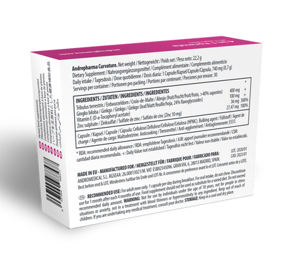 Embalagem do suplemento ANDROPHARMA para tratamento da curvatura de Peyronie, 30 cápsulas