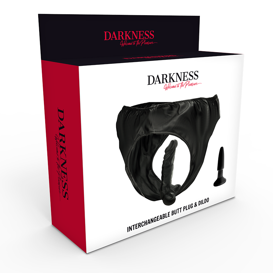 Darkness Calcinha de Couro PU com Plug e Vibrador Intercambiável, detalhe dos acessórios.