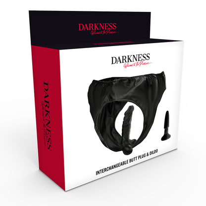 Darkness Calcinha de Couro PU com Plug e Vibrador Intercambiável, detalhe dos acessórios.