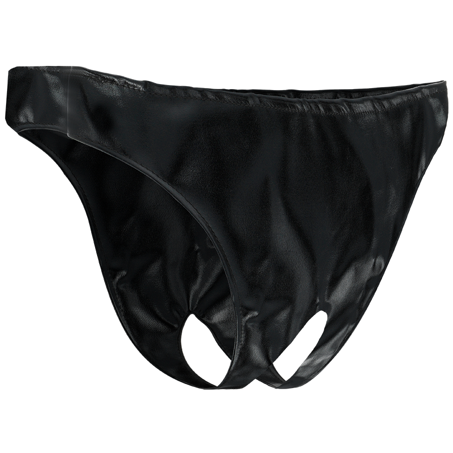 Calcinha Fetiche Darkness com abertura unissexo para jogos de BDSM.