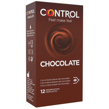 Preservativos CONTROL Adapta Sabor Chocolate 12 Unidades, imagem de embalagem e produto.