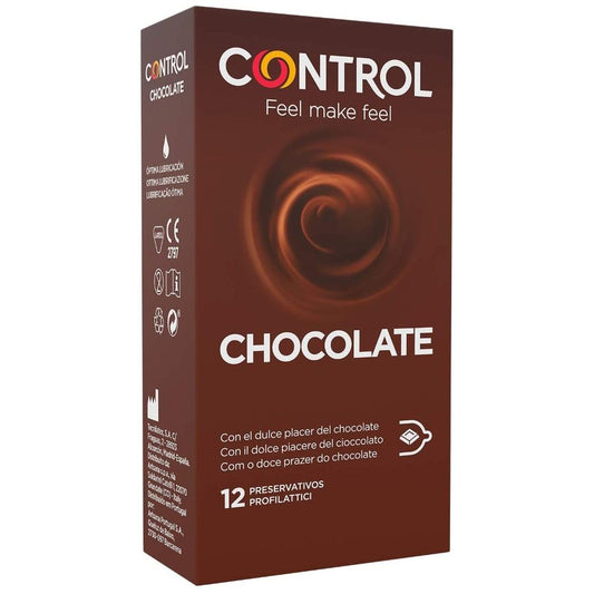 Preservativos CONTROL Adapta Sabor Chocolate 12 Unidades, imagem de embalagem e produto.