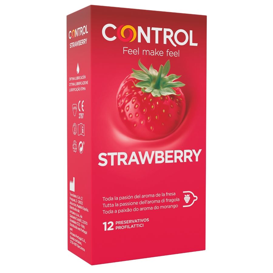 Embalagem de preservativos CONTROL Adapta Sabor Morango com 12 unidades, destacando o design e o sabor.