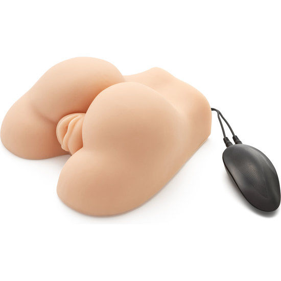 Close-up of the ACT Fat Ass Fucker with Vibrator, showing its realistic texture and dual orifices.