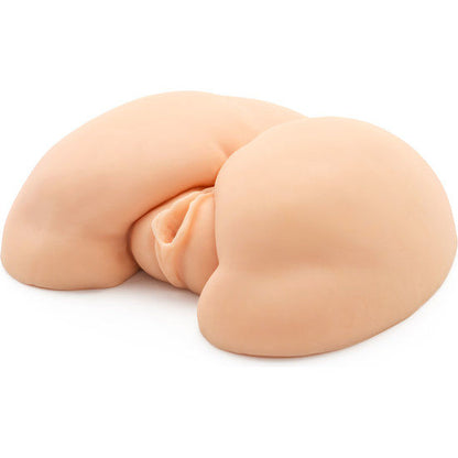 Close-up do ACT Masturbador Duplo Horny Fuck Slut com Vibrador, mostrando os detalhes dos canais anal e vaginal.