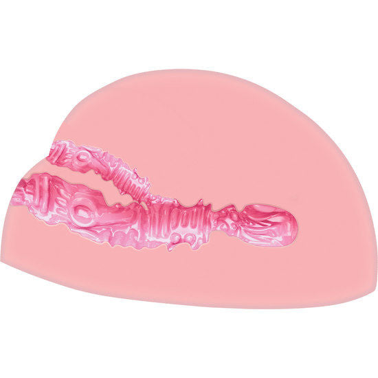 Close-up do ACT Masturbador Duplo Horny Fuck Slut com Vibrador, mostrando os detalhes dos canais anal e vaginal.
