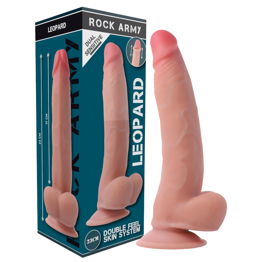 Close-up do Dildo Realista Leopardo Rockarmy de Densidade Dupla 23cm, mostrando sua textura e detalhes.