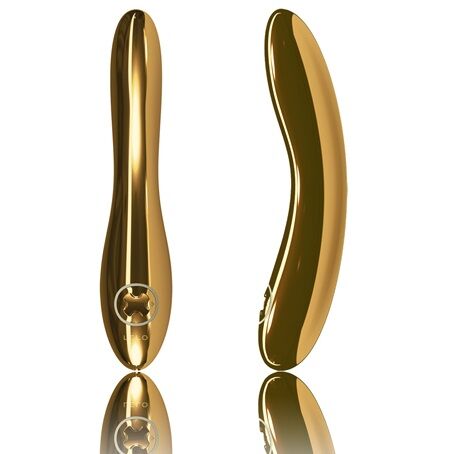 Close-up of the LELO Vibrador Inez Banhado a Ouro 24K, showcasing its elegant design and luxurious finish.