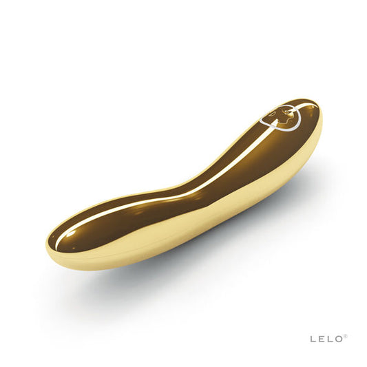 Close-up of the LELO Vibrador Inez Banhado a Ouro 24K, showcasing its elegant design and luxurious finish.