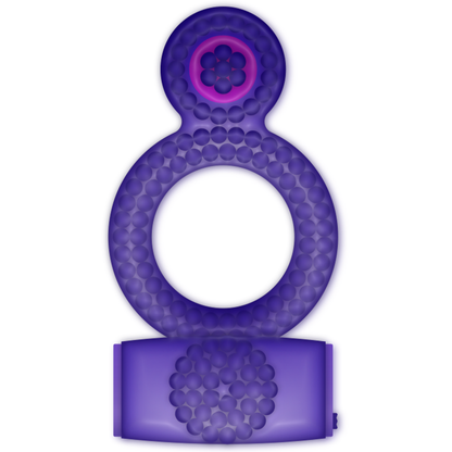 Anel peniano vibratório duplo Casual Love Lilás, mostrando sua textura e design ergonômico.