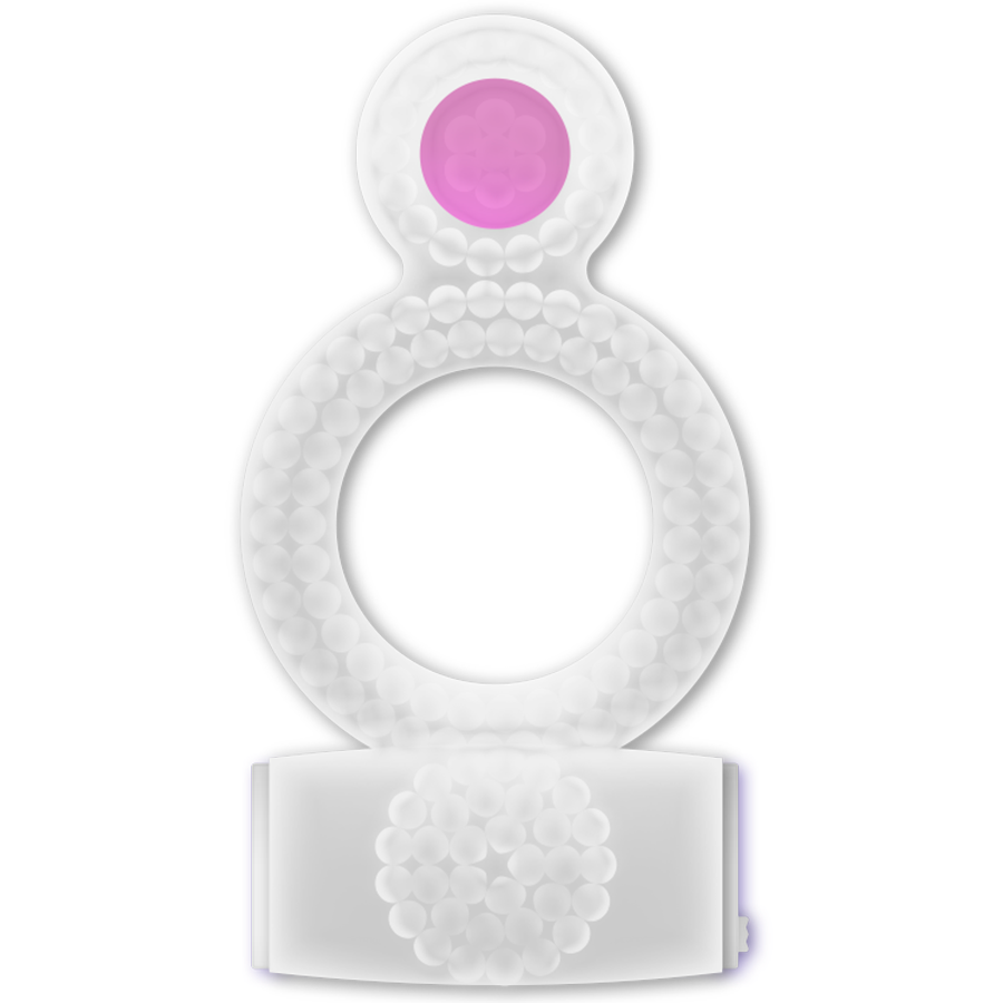 Close-up of the CASUAL LOVE Anel Peniano Duplo Vibratório Transparente showing its design and features.