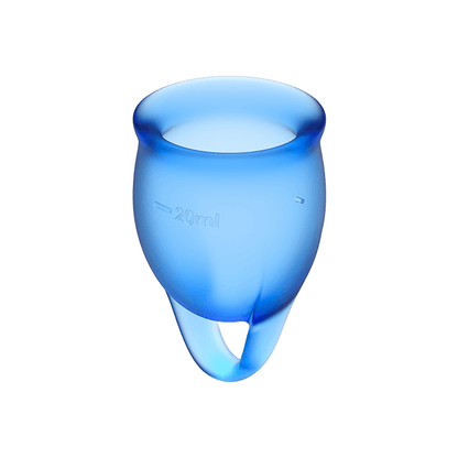 Satisfyer Copo Menstrual Feel Confident Azul Escuro, mostrando os dois tamanhos de 15ml e 20ml.