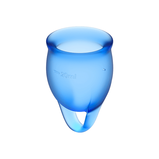 Satisfyer Copo Menstrual Feel Confident Azul Escuro, mostrando os dois tamanhos de 15ml e 20ml.
