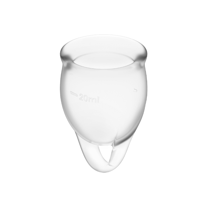 Satisfyer Copo Menstrual Feel Confident Azul Escuro, mostrando os dois tamanhos de 15ml e 20ml.