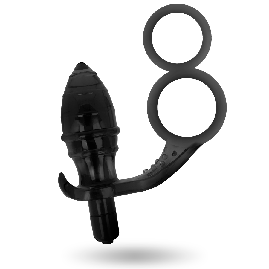 Imagem do Plug Anal Vibratório Addicted Toys com Anel Duplo Preto, destacando o design e material suave.