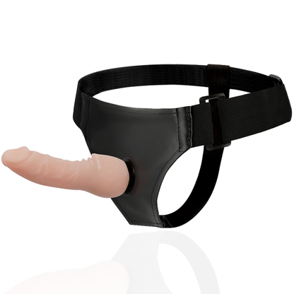 HARNESS ATTRACTION Arnês com Dildo Realista James 16cm Sistema Click, exibindo detalhes do dildo e do arnês de couro vegano.