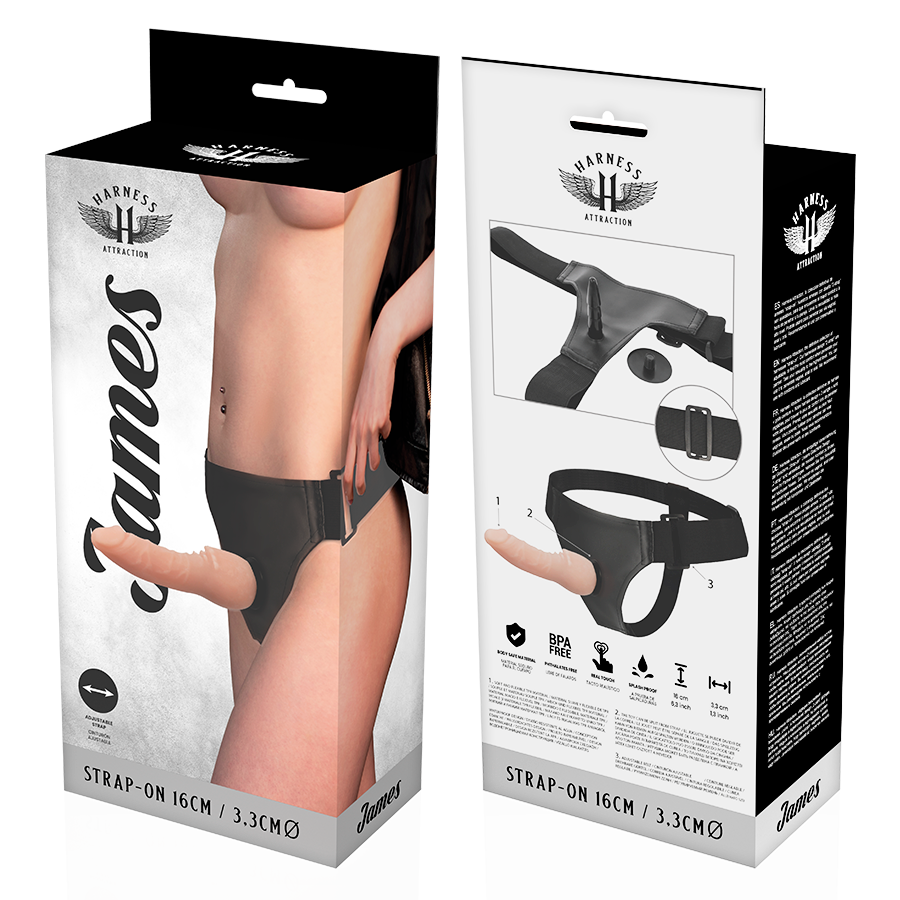 HARNESS ATTRACTION Arnês com Dildo Realista James 16cm Sistema Click, exibindo detalhes do dildo e do arnês de couro vegano.