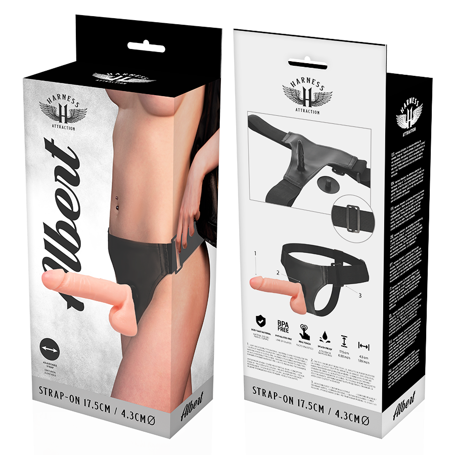 Harness Attraction Arnês com Dildo Realista Albert de 17.5 cm, detalhe do material e design.