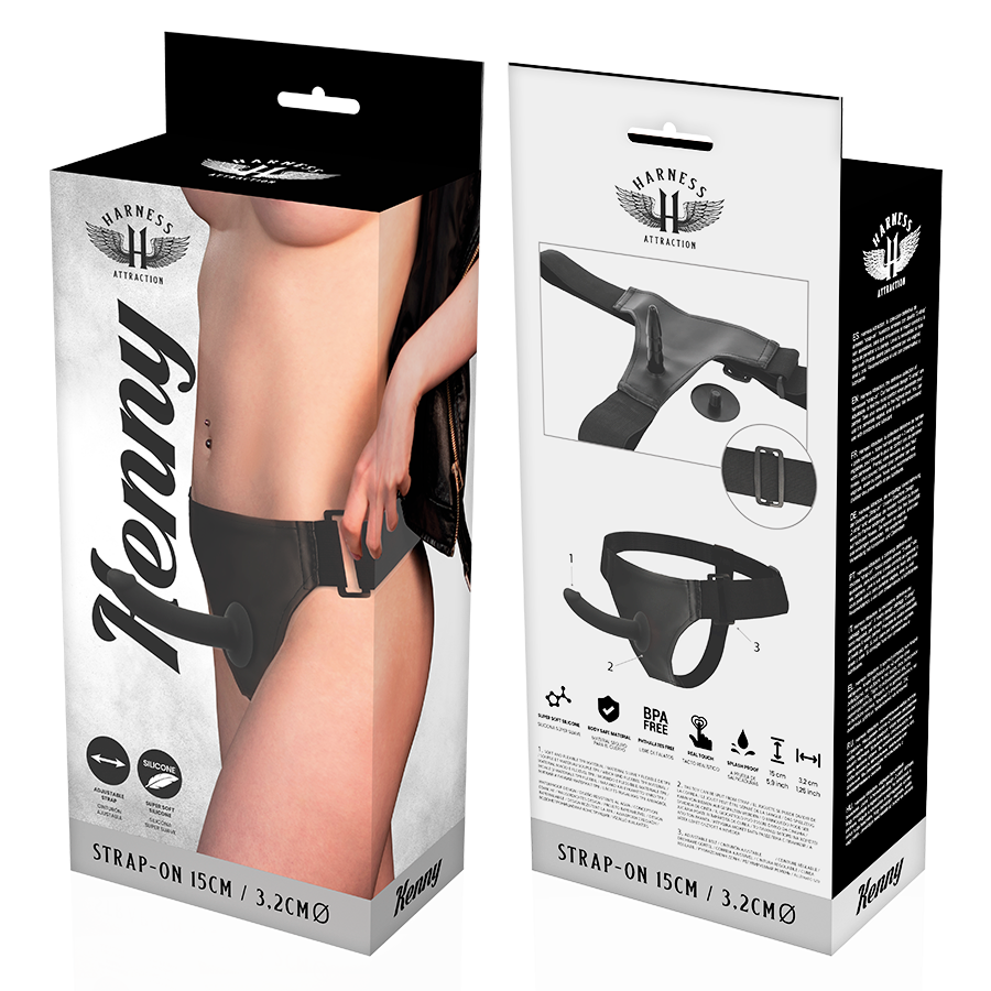 Close-up do Arnês com Dildo Harness Attraction Silicone Kenny 15cm, mostrando o dildo macio e os detalhes do arnês de neoprene e couro vegano.