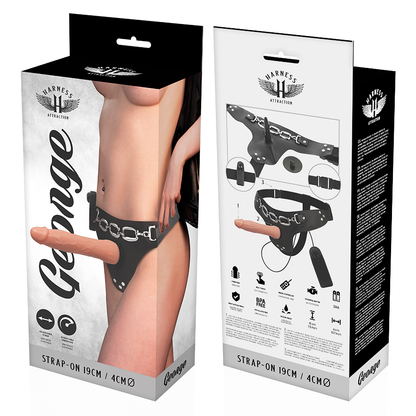 Close-up do arnês com vibrador realista Harness Attraction George 19cm, destacando o design e os materiais.