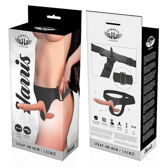 Arnês de Dupla Penetração Vibratório HARNESS ATTRACTION 18cm em detalhe, mostrando os dois vibradores e o sistema de arnês ajustável para prazer a dois.