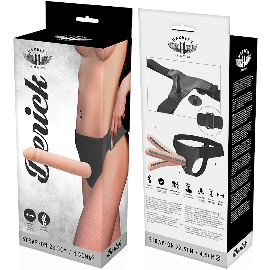HARNESS ATTRACTION Arnês com Dildo Articulável Derick 22.5x4.5cm, mostrando o design ajustável e material realista.