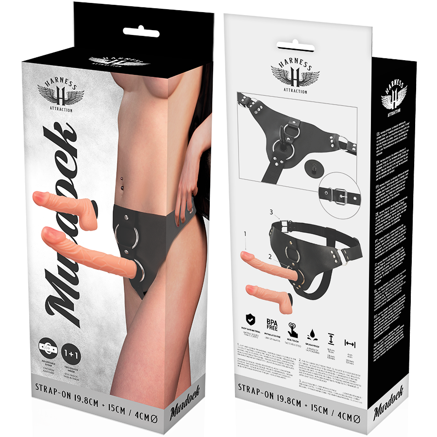 HARNESS ATTRACTION Arnês Strap-On Murdock com dois dildos realistas intercambiáveis.