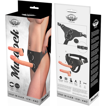 HARNESS ATTRACTION Arnês Strap-On Murdock com dois dildos realistas intercambiáveis.