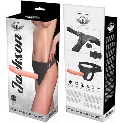 Close-up do HARNESS ATTRACTION Arnês com Dildo Realista Jackson 19.8x4.2cm, mostrando o dildo e o arnês de neoprene.