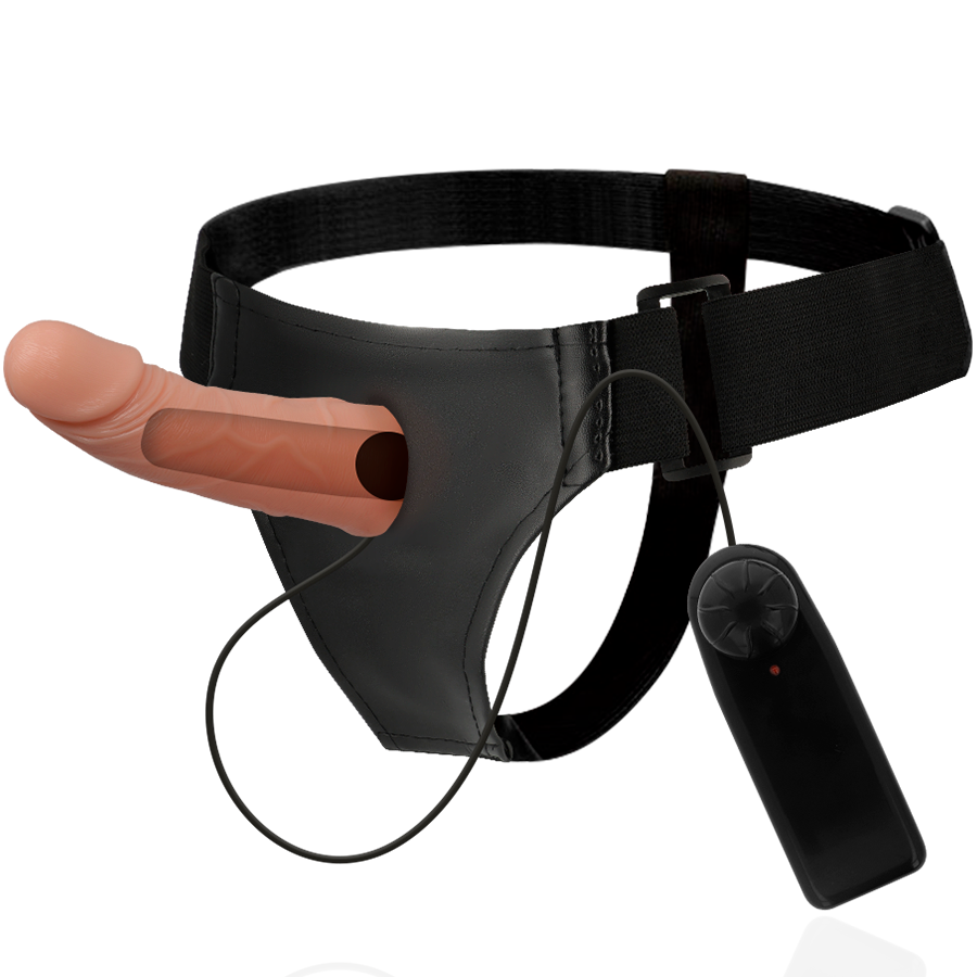 HARNESS ATTRACTION Arnês Oco com Vibrador - 15 cm, mostrando o design ergonómico e o vibrador integrado.