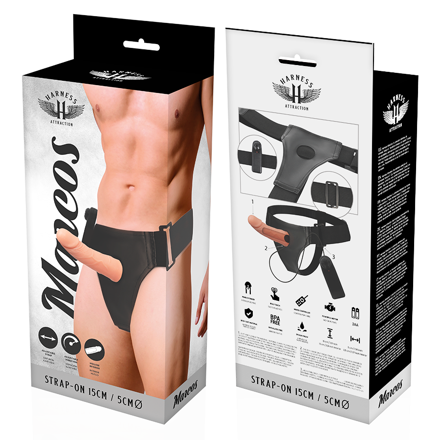 HARNESS ATTRACTION Arnês Oco com Vibrador - 15 cm, mostrando o design ergonómico e o vibrador integrado.