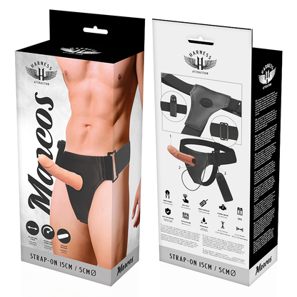 HARNESS ATTRACTION Arnês Oco com Vibrador - 15 cm, mostrando o design ergonómico e o vibrador integrado.