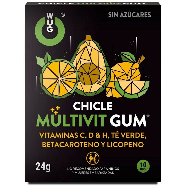 Embalagem de WUG GUM Multivit Vitaminas C, H, D, Beta-caroteno, Licopeno e Chá Verde, 10 Unidades