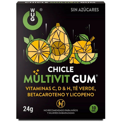 Embalagem de WUG GUM Multivit Vitaminas C, H, D, Beta-caroteno, Licopeno e Chá Verde, 10 Unidades