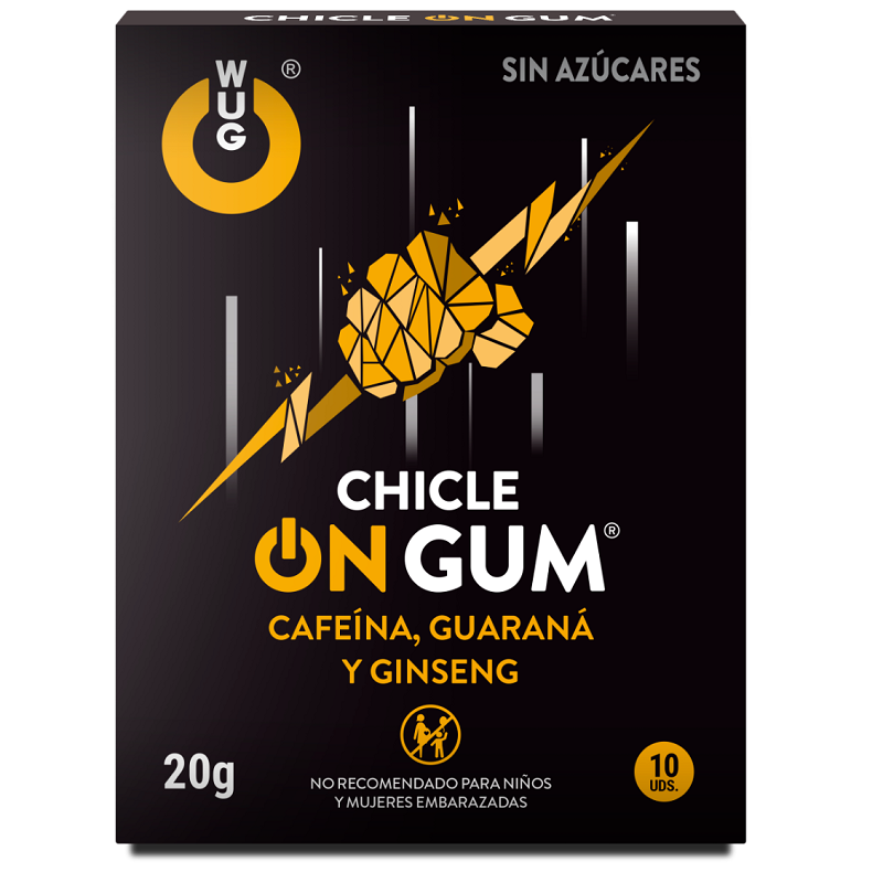 Detalhe da goma energética WUG GUM ON GUM com cafeína, ginseng e guaraná, embalagem de 10 unidades.
