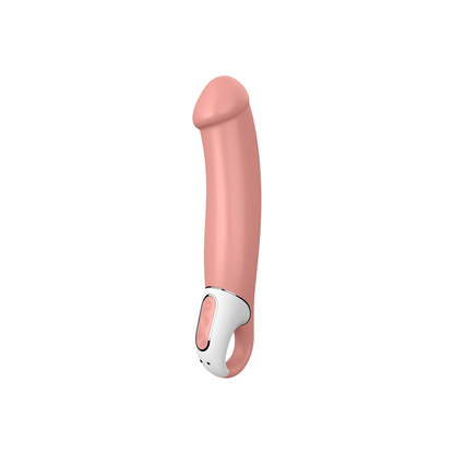 Close-up do vibrador Satisfyer Vibe Master, mostrando seu design ergonómico de silicone suave e botões de controle.