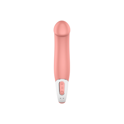 Close-up do vibrador Satisfyer Vibe Master, mostrando seu design ergonómico de silicone suave e botões de controle.