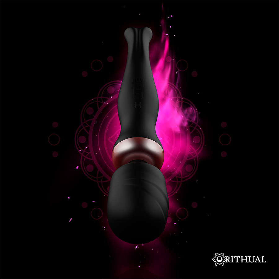 Close-up da Varinha Massageadora RITHUAL Akasha 2.0 Orquídea, destacando sua cabeça flexível e material de silicone médico.