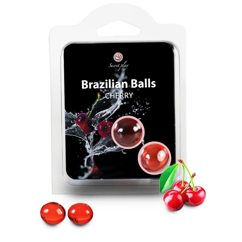 Close-up of the SECRETPLAY Bolas Brasileiras Óleo de Massagem Cereja (2 unidades) showing their smooth texture and vibrant cherry color.