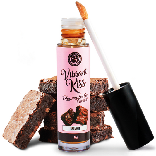 SECRETPLAY Lip Gloss Vibrante Sabor Brownie Comestível, ideal para prazer oral e beijos intensos.