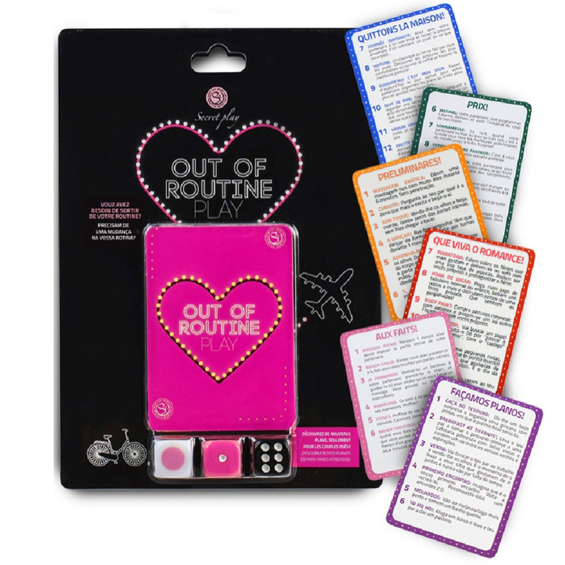 Jogo de tabuleiro SECRETPLAY Fora da Rotina para casais, com dados coloridos e cartões de desafio em Francês e Português.
