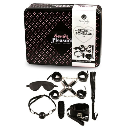 SECRETPLAY BDSM Set 8 Peças Preto, exibindo todos os acessórios de bondage em couro sintético.