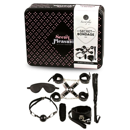 SECRETPLAY BDSM Set 8 Peças Preto, exibindo todos os acessórios de bondage em couro sintético.