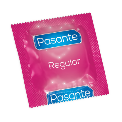 Embalagem dos Preservativos PASANTE Regulares 12 Unidades, destacando a marca e o conteúdo.